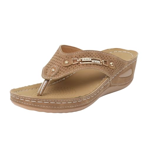 Xumilala Pantoletten Damen Flip Flops Leder Zehentrenner Elegante Sommer Hausschuhe Lässige Bequeme dicken Sohlen Schuhe Orthopädische Keilabsatz Slides Sandalen Plattform Slipper Bohemian von Xumilala