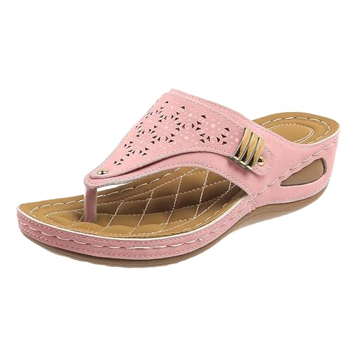 Xumilala Pantoletten Damen Flip Flops Neue Große Größe Hohl Metall Dicken Boden Leder Elegante Sommer Hausschuhe Schuhe Orthopädische Keilabsatz Slides Sandalen Plattform Slipper Bohemian 2025 von Xumilala