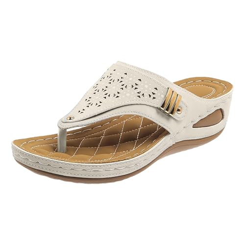 Xumilala Pantoletten Damen Flip Flops Neue Große Größe Hohl Metall Dicken Boden Leder Elegante Sommer Hausschuhe Schuhe Orthopädische Keilabsatz Slides Sandalen Plattform Slipper Bohemian 2025 von Xumilala