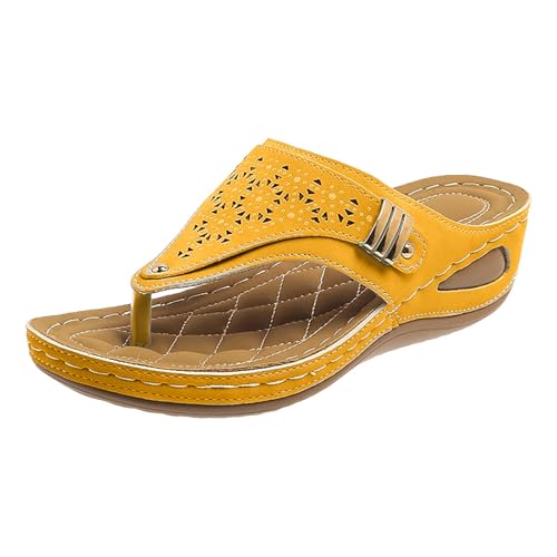 Xumilala Pantoletten Damen Flip Flops Neue Große Größe Hohl Metall Dicken Boden Leder Elegante Sommer Hausschuhe Schuhe Orthopädische Keilabsatz Slides Sandalen Plattform Slipper Bohemian 2025 von Xumilala
