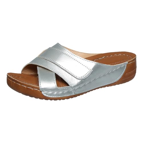 Xumilala Pantoletten Damen Flip Flops Retro Volltonfarbe glänzend hohl Keilabsatz Strand dicken Boden große Größe Leder Sommer Hausschuhe Schuhe Orthopädische Slides Sandalen Plattform Slipper von Xumilala