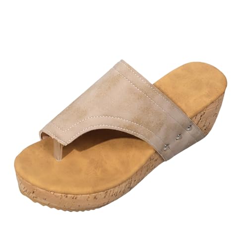 Xumilala Pantoletten Damen Flip Flops dicker Sohle und höhenverstärkender Zehenpartie aus Leder Modisch lässig Elegante Sommer Hausschuhe Schuhe Orthopädische Keilabsatz Slides Strand Sandalen Slipper von Xumilala