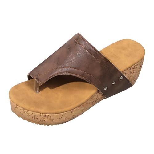 Xumilala Pantoletten Damen Flip Flops dicker Sohle und höhenverstärkender Zehenpartie aus Leder Modisch lässig Elegante Sommer Hausschuhe Schuhe Orthopädische Keilabsatz Slides Strand Sandalen Slipper von Xumilala