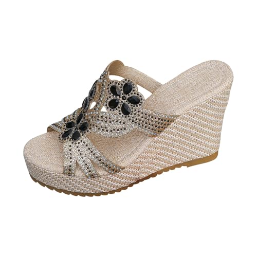 Xumilala Pantoletten Damen Große Mode Strass High Heel Keilabsatz Frauen Plattform dicke Sohle Flip-Flops Elegante Sommer Hausschuhe Schuhe Orthopädische Slides Sandalen Plattform Slipper von Xumilala