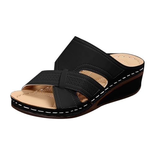 Xumilala Pantoletten Damen Sommer Keilabsatz Mittelabsatz Offene Zehen Kreuz Einfarbig Fischmaul Hohl Flip Flops Leder Elegante Sommer Hausschuhe Schuhe Orthopädische Slides Sandalen Plattform Slipper von Xumilala