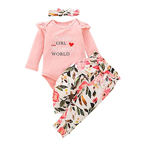 Xumplo Baby Mädchen Kleidung Daddy's Girl Mommy's World Letters Outfits Neugeborenes Rosa Langarm Strampler +Blumenhose +Stirnband Bekleidungsset 12-18 Monate von Xumplo