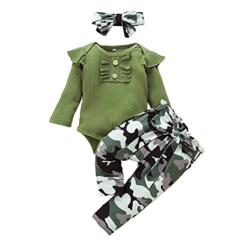 Xumplo Baby Mädchen Bekleidungsset Neugeborenes Mädchen Camouflage Outfits Rüschen Langarm Strampler Top +Hose +Stirnband Kleidung 12-18 Monate von Xumplo