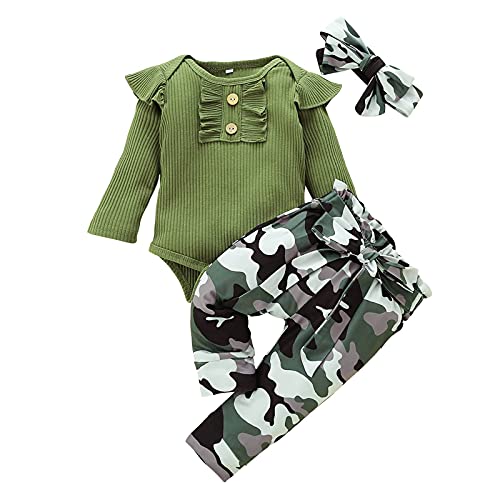 Xumplo Baby Mädchen Bekleidungsset Neugeborenes Mädchen Camouflage Outfits Rüschen Langarm Strampler Top +Hose +Stirnband Kleidung 3-6 Monate von Xumplo
