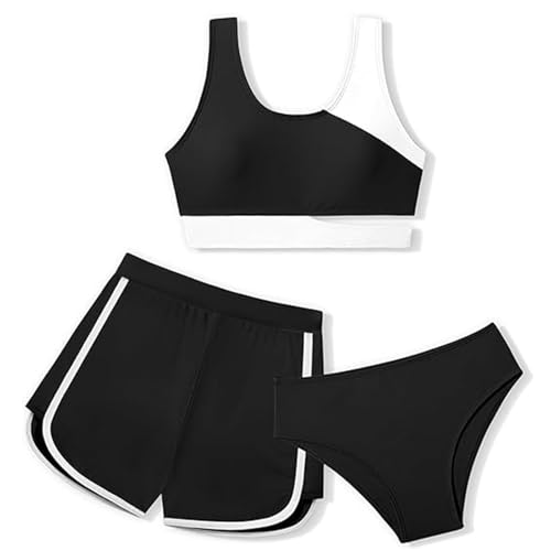 Xumplo Mädchen-Bikini-Set, 3-teilig, Farbblock-Badeanzug mit Shorts, Badeanzug, Tween-Badebekleidung, Schwarz , 8-10 Jahre von Xumplo