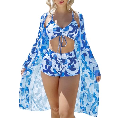 Xumplo 3-teiliges Damen-Bikini-Set mit langen Ärmeln, Badeanzug, Blumendruck, Badeanzüge, Blaue Grafik, L von Xumplo