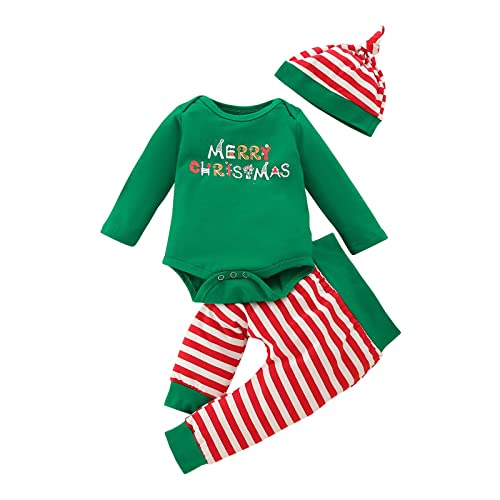 Xumplo 3pcs Neugeborenes Baby Junge Weihnachten Kleidung Lange äRmel Strampler Bodysuit Karierten Hosen +HüTe Set Outfits (6-12 Monate, Grün) von Xumplo