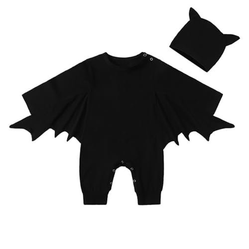 Xumplo Baby Junge Halloween Outfit Baby schwarz Fledermaus Onesie Kleinkind Halloween Kleidung Overall Langarm Strampler mit Hut 9-12 Monate von Xumplo