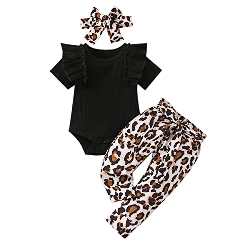 Xumplo Baby Mädchen Kleidung Sommer Outfits kurze Rüschen Ärmel Top Strampler + Leoparden Hose + Stirnband Kleinkind Bekleidungsset (12-18Monate, Schwarz-3) von Xumplo
