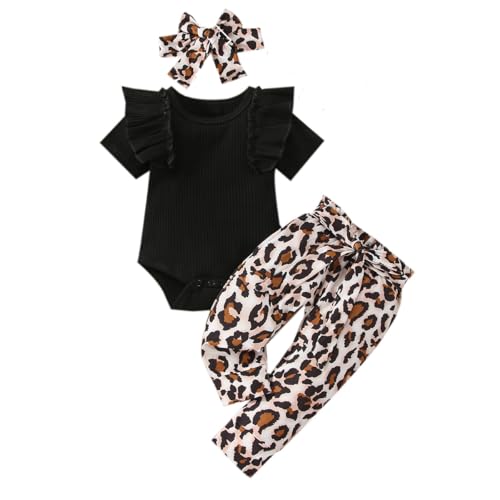 Xumplo Baby Mädchen Kleidung Sommer Outfits kurze Rüschen Ärmel Top Strampler + Leoparden Hose + Stirnband Kleinkind Bekleidungsset (12-18Monate, Schwarz-3) von Xumplo