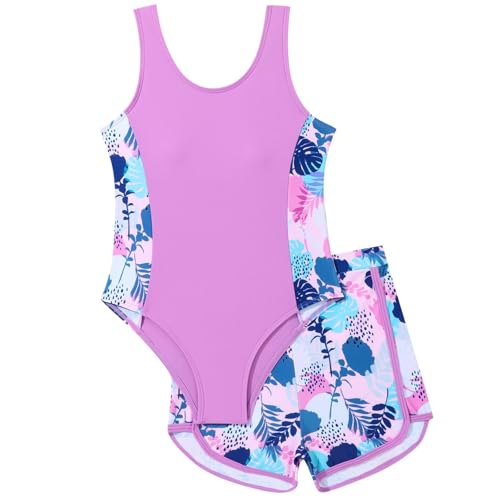 Xumplo Badeanzug Mädchen Kinder Schwimmanzug Teenager Badebekleidung Zweiteilig Einteiliges Badeanzug-Oberteil mit Shorts Sommer Bademode Rash Guard Set 4-5 Jahre von Xumplo