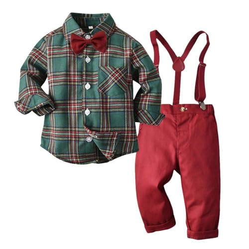 Xumplo Kleinkind Baby Anzug Junge Kinder Gentleman Anzug Xmas Outfit Smoking Plaid Hemden Langarm Hosenträger Hosen Set mit Fliege 2-3 Jahre/100 von Xumplo