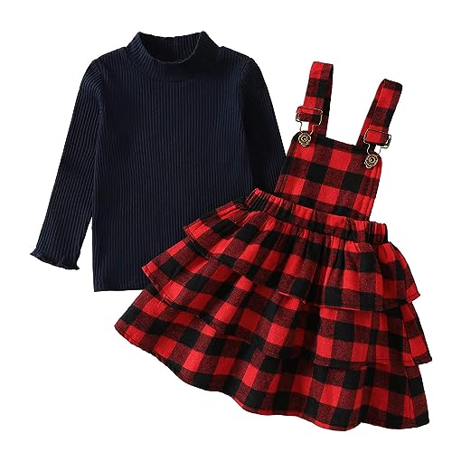 Xumplo Kleinkind Baby Mädchen Weihnachtsoutfits karierter Overall Rock Strapskleid Zweiteiliges Rockset Langarmshirts Weihnachtspartykleidung 2-3 Jahre von Xumplo