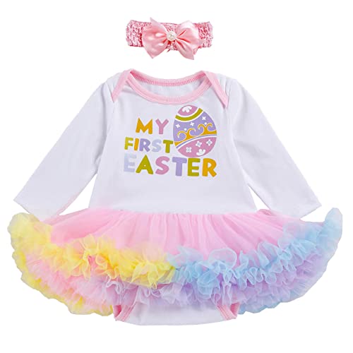 Xumplo Neugeborene Mädchen Oster Outfit Meine Erste Osterkleidung Tutu Kleider Bunny Eierdruck Strampler und Stirnband-Kleidungsstück 0-3 Monate von Xumplo