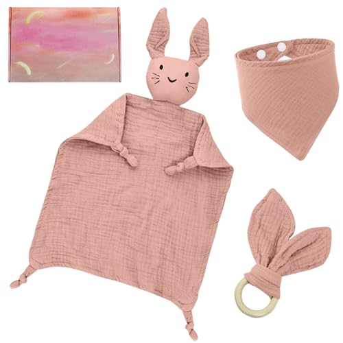 XunHe Rosa Baby Geschenk zur Geburt Mädchen - Baby Geschenke SET Schnuffeltuch, Lätzchen, Beißring Baby Neugeborenen, Kuscheltuch mit Hase-Köpfchen,Baby Set als Geschenk zur Geburt von XunHe