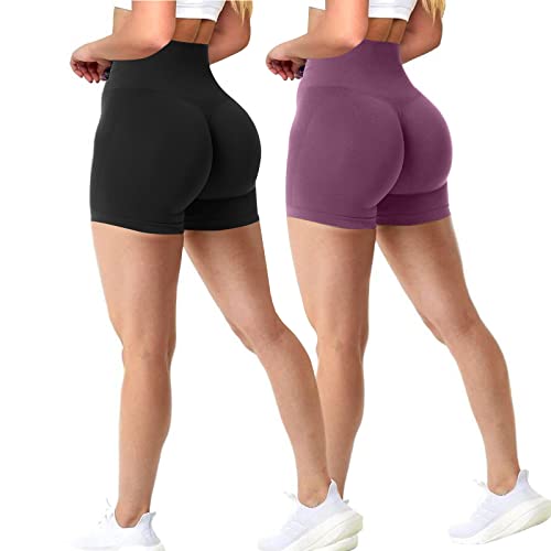 Xunerloy 2er-Pack Sport Gym Shorts Damen Booty Scrunch Nahtlos Kurze Sporthose High Waist Yoga Fitness Leggings Biker Radlerhose Kurz Dehnbar Schwarz Magenta S von Xunerloy