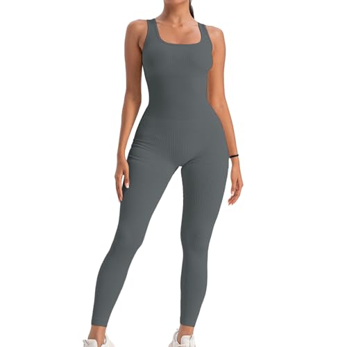 Gerippte Jumpsuit Damen Lang Eng Ärmellos Sport Yoga Bodycon Einteiler Body Elegant Eckigem Ausschnitt Fitness Gym Overall Hosenanzug Trainingsanzug Grau L von Xunerloy