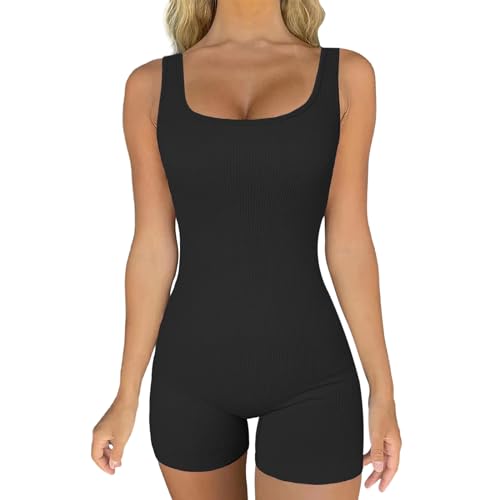 Jumpsuit Damen Kurz Eng Ärmellos Sport Yoga Einteiler Bodysuit Overall Bodycon Romper Sommer Gerippte Sportanzug Ganzkörperanzug Trainingsanzug Shorts Outfits Schwarz L von Xunerloy