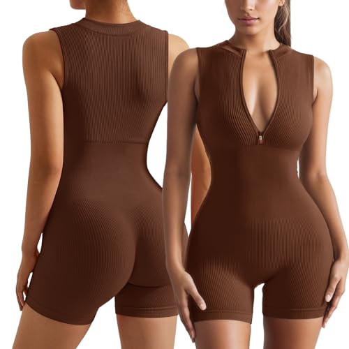 Jumpsuit Damen Kurz Eng Ärmellos Sport Yoga Einteiler Bodysuit Overall Bodycon Romper Sommer V-Ausschnitt Gerippte Sportanzug Trainingsanzug Shorts Outfits Braun S von Xunerloy