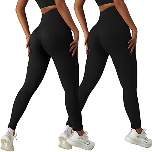 Xunerloy 2er-Pack Damen Sport Leggings Gerippt Seamless Gym Leggins Sporthose Sportleggings Lang High Waist Fitness Yoga Figurformende Leggings Blickdicht Schwarz - L von Xunerloy