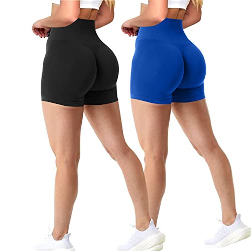 Xunerloy 2er-Pack Scrunch Butt Sport Gym Shorts Damen Kurze Sporthose Leggings Radlerhose Kurz Push Up Sportshorts High Waist Seamless Yoga Fitness Biker Shorts Elastisch Blickdicht Schwarz Blau - M von Xunerloy