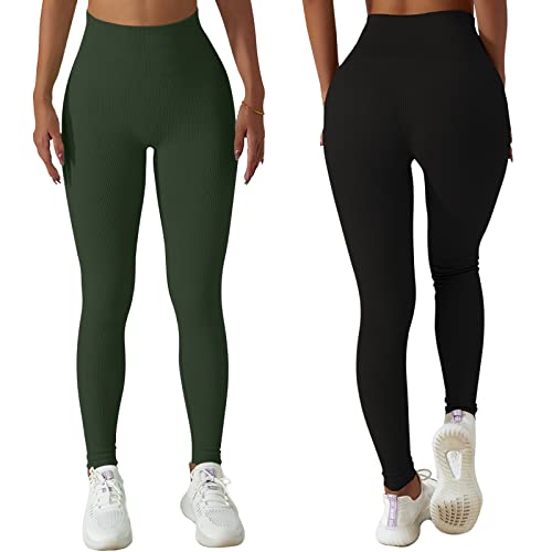 Xunerloy 2er-Pack Gerippte Leggings Damen High Waist Seamless Gym Leggins Sporthose Bauchweg Yoga Fitness Leggings Damen Lang Shape Sportleggings Blickdicht Schwarz Armeegrün - M von Xunerloy
