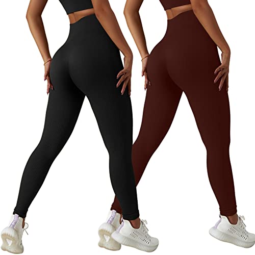 Xunerloy 2er-Pack Leggings Damen Sport Gym Leggins Sporthose High Waist Seamless Gerippte Fitness Yoga Leggings Damen Lang Shape Sportleggings Blickdicht Schwarz Braun - S von Xunerloy