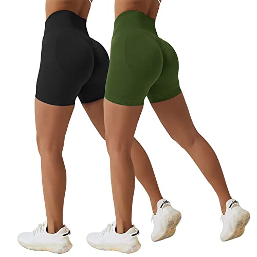 Xunerloy 2er-Pack Scrunch Butt Sport Gym Shorts Damen Kurze Sporthose Leggings Radlerhose Kurz Push Up Sportshorts High Waist Seamless Yoga Fitness Biker Shorts Blickdicht Schwarz Armeegrün - M von Xunerloy