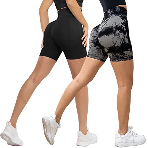 Xunerloy 2er-Pack Scrunch Butt Sport Gym Shorts Damen Kurze Sporthose Leggins Radlerhose Kurz Push Up Sportshorts High Waist Seamless Yoga Fitness Biker Shorts Blickdicht Contour Batik Schwarz - M von Xunerloy