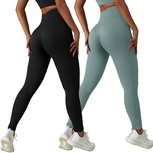 Xunerloy 2er-Pack Sport Leggings Damen Gerippt Seamless Gym Leggins Sporthose High Waist Bauchweg Fitness Yoga Leggings Damen Lang Shape Sportleggings Blickdicht Schwarz Grau - S von Xunerloy