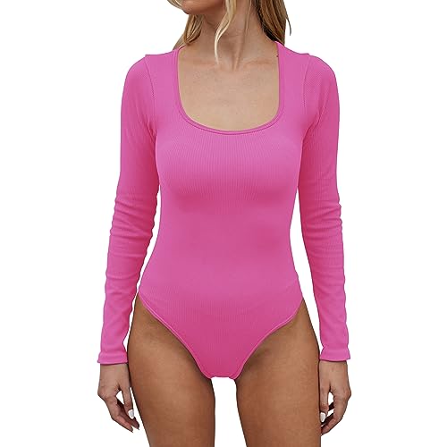 Xunerloy Body Damen Elegant Langarm Bodysuit Gerippt Nahtlos Yoga Top Jumpsuit oberteile Tanga Eckiger Ausschnitt Pink S von Xunerloy