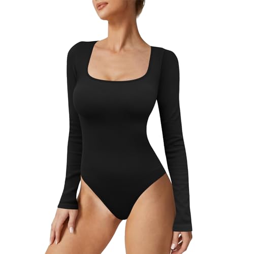 Xunerloy Body Damen Elegant Langarm Bodysuit Gerippt Nahtlos Yoga Top Jumpsuit oberteile Tanga Eckiger Ausschnitt Schwarz M von Xunerloy