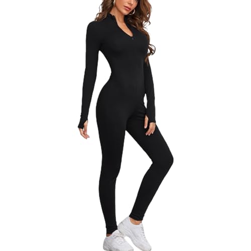Xunerloy Einteiler Jumpsuit Damen Eng Lang Sport Yoga Overall Langarm V-Ausschnitt Gerippte Playsuits mit Reißverschluss Jogging Strampler Hosenanzug Trainingsanzug Schwarz L von Xunerloy