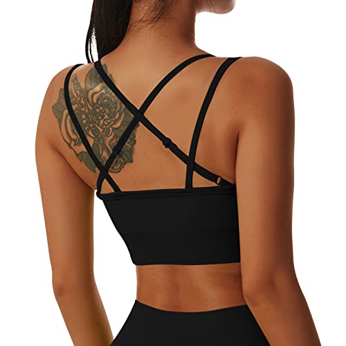 Xunerloy Seamless Wohlfühl Sport BH Damen Gekreuzt Rücken, Verstellbares Riemchen Yoga Gym Crop Top Longline Strech Sports Bra Schwarz Mittlere Halt mit Abnehmbaren Polster, L von Xunerloy