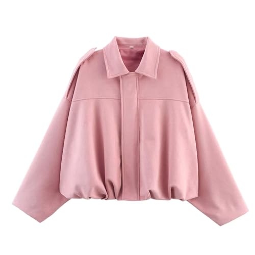 Xunger Damen Faux Wildleder Bomberjacke Frühling Revers Pilotenmantel Casual Oversized Lange Ärmel Trendy Streetwear Oberbekleidung, Pink, Groß von Xunger