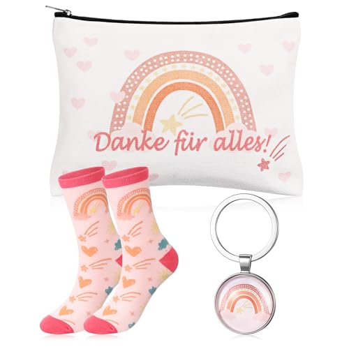 Xuniea 3 Stück Dankeschön Geschenke für Frauen Kollegin inklusive Regenbogen Kosmetiktasche Schlüsselanhänger mit 1 Paar Socken 36-42 Danke für Alles Abschiedsgeschenke für Krankenschwester Lehrerin von Xuniea