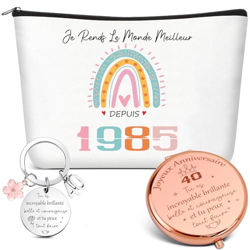 Xuniea 3 Stück Geschenke zum 40. Geburtstag für Frauen 1985 Reise Make Up Tasche Taschenspiegel und Schlüsselanhänger für Mutter Heiraten Bester Freund Freundin Schwestern von Xuniea