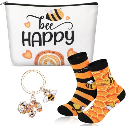 Xuniea 3 Stück Inspirierendes Geschenk Set für Frauen Kosmetiktasche Schlüsselanhänger und Socken Dankeschön Geschenk mit Tiermotiven für Mitarbeiter Weihnachten Geburtstag (Biene Stil) von Xuniea