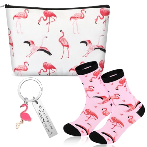 Xuniea 3 Stück Inspirierendes Geschenk Set für Frauen Kosmetiktasche Schlüsselanhänger und Socken Dankeschön Geschenk mit Tiermotiven für Mitarbeiter Weihnachten Geburtstag (Flamingo Stil) von Xuniea