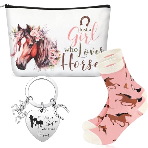 Xuniea 3 Stück Inspirierendes Geschenk Set für Frauen Kosmetiktasche Schlüsselanhänger und Socken Dankeschön Geschenk mit Tiermotiven für Mitarbeiter Weihnachten Geburtstag (Pferde Stil) von Xuniea