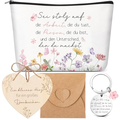 Xuniea 4er Set Dankeschön Geschenke für Lehrer mit Blumen Kosmetiktasche Herz Holz Dankeskarte mit Umschläge Schlüsselanhänger mit Gravur Dankeschön Geschenke für Lehrerin Erzieherin von Xuniea