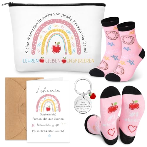 Xuniea 5 Stück Abschiedsgeschenk für Lehrerin Dankeschön 1 Canvas Kosmetiktasche 1 Lustige Baumwollsocken 1 Lehrer Schlüsselanhänger 1 Grußkarte 1 Umschläge für Abitur Schule Geburtstag Lehrertag von Xuniea