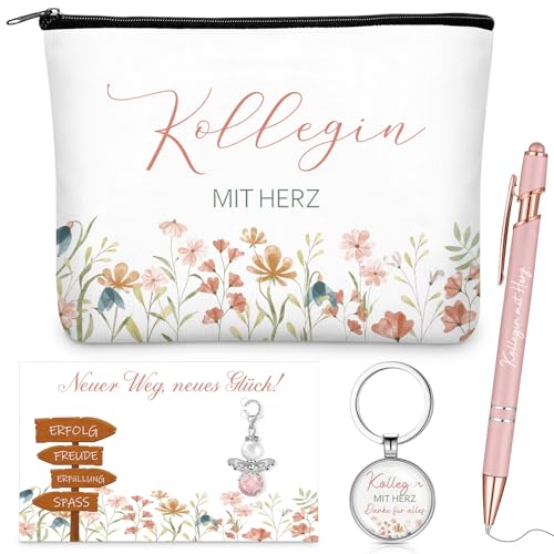 Xuniea 5 Stück Kollegen Abschiedsgeschenk Set Kollegin Kosmetiktasche Schutzengel Schlüsselanhänger Kugelschreiber Dankeskarte mit Umschlag Dankeschön Kollegin Geschenk für Ruhestand Jobwechsel von Xuniea