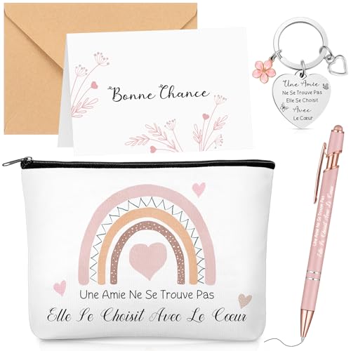 Xuniea 5er Geschenke für Freunde Schwester Kosmetiktasche mit Text Gravierter Schlüsselanhänger mit Herzförmigem Anhänger Rosa Kugelschreiber Grußkarten und Umschläge Geburtstagsgeschenk(Freund) von Xuniea