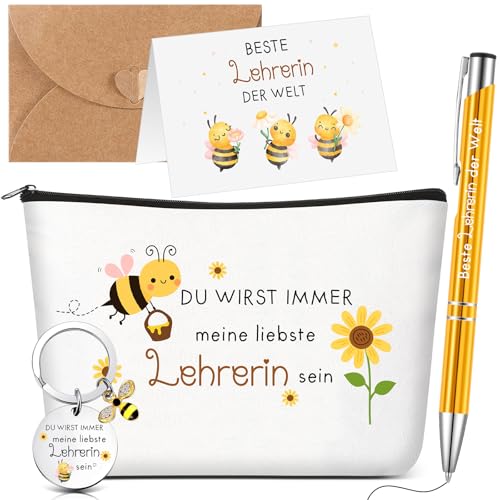 Xuniea 5er Set Danke Geschenke zum Lehrertag Lehrerin Schlüsselanhänger Kugelschreiber mit Gravur Kosmetiktasche Karte mit Umschlag BESTE Lehrerin DER WELT für Erzieher Abschiedsgeschenk Grundschule von Xuniea