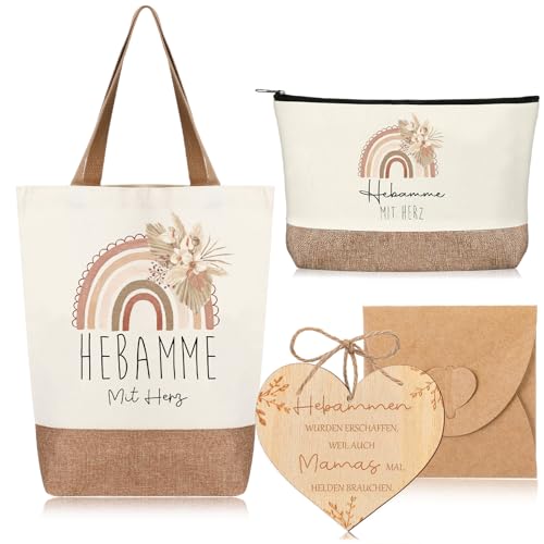 Xuniea 5er Set Hebamme Geschenk Dankeschön Jute Baumwolltasche Handtasche Kosmetiktasche Herzförmiges Holzschild mit Hanfseil Umschlag Abschiedsgeschenk für Damen Geburtstag Krankenschwestertag von Xuniea